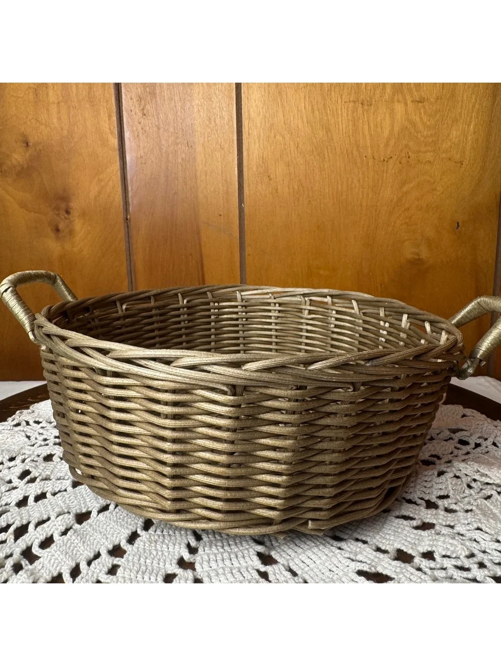 Round Woven Basket With Handles Antiqued Gold Wicker Farmhouse Centerpiece
